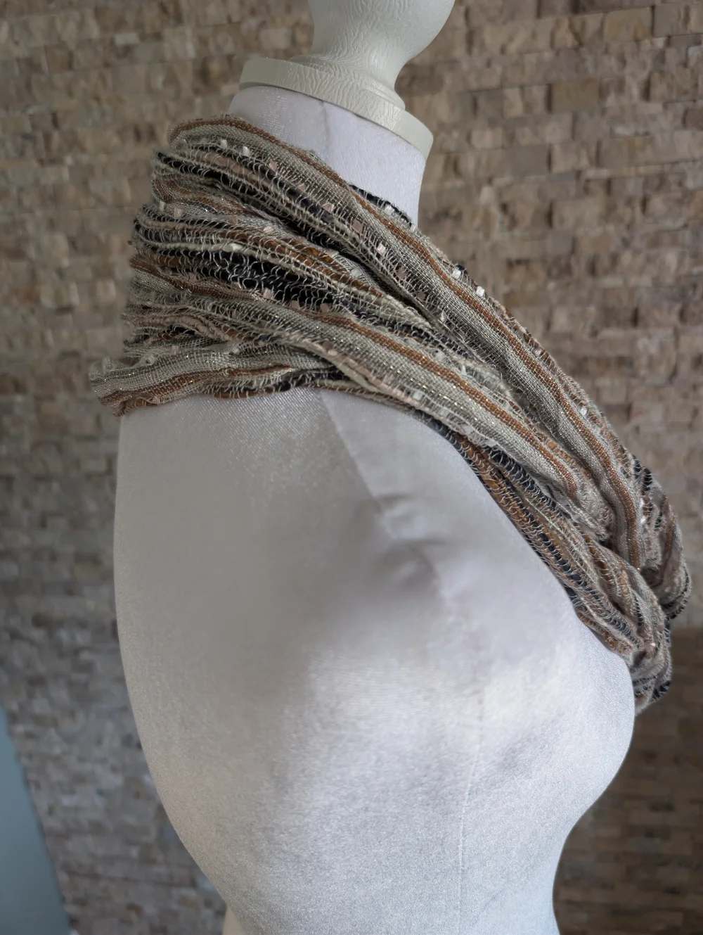 Metallic Multi-Tone Chevron Pleat Infinity Scarf Beige Brown & Silver Knit Sheer